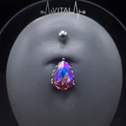 Tear Drop Navel Belly Button Ring, 14G, Colorful Gems in Heart Filigree Encasing, 316L Surgical Steel - Vital Body Jewelry