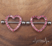 14G surgical steel nipple shields with heart design and cubic zirconia gems for a stylish and comfortable fit