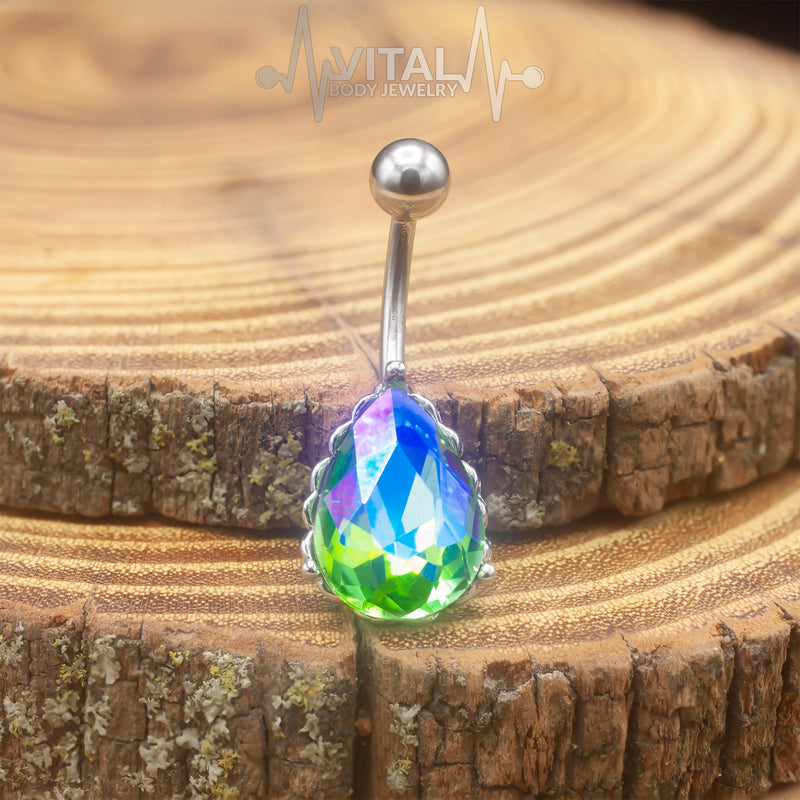Tear Drop Navel Belly Button Ring, 14G, Colorful Gems in Heart Filigree Encasing, 316L Surgical Steel - Vital Body Jewelry