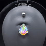 Tear Drop Navel Belly Button Ring, 14G, Colorful Gems in Heart Filigree Encasing, 316L Surgical Steel - Vital Body Jewelry