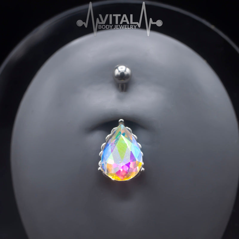 Tear Drop Navel Belly Button Ring, 14G, Colorful Gems in Heart Filigree Encasing, 316L Surgical Steel - Vital Body Jewelry