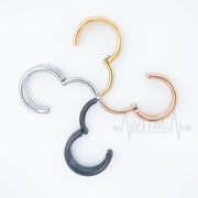 16G surgical steel hinge ring with triple layered design, PVD coated finish in black, gold, rose gold, and silver options.