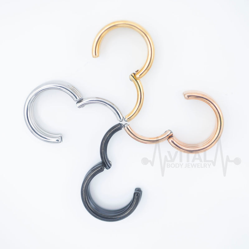 16G surgical steel hinge ring with triple layered design, PVD coated finish in black, gold, rose gold, and silver options.