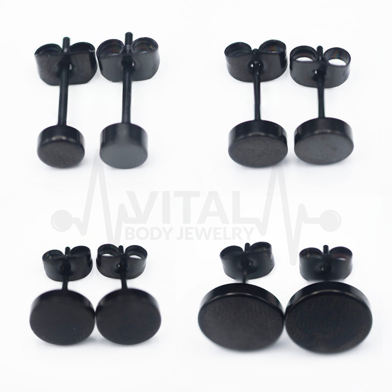 16G Pair of Fake Plugs, Black PVD Coated, Steel Finish, Nail It Down Studs, Earrings, Cheaters, Vital Body Jewelry