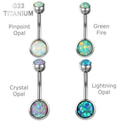 14G titanium belly ring with vibrant fire opal in four colors, internally threaded for comfortable wear and smooth insertion.
