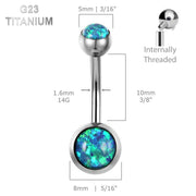 14G titanium belly ring with fire opal in four vibrant colors, designed for comfort with internally threaded ends and a sleek finish