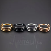 16G surgical steel hinge ring with triple layered design for nose, ear, or septum piercings, featuring a PVD coated finish in black, gold, rose gold, or silver.