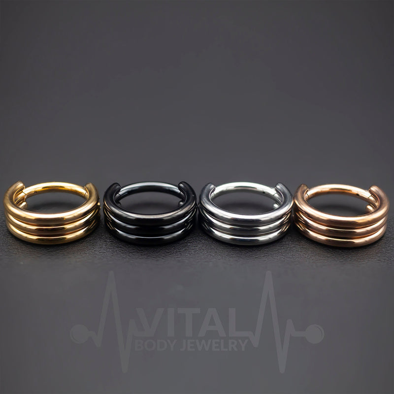 16G surgical steel hinge ring with triple layered design for nose, ear, or septum piercings, featuring a PVD coated finish in black, gold, rose gold, or silver.