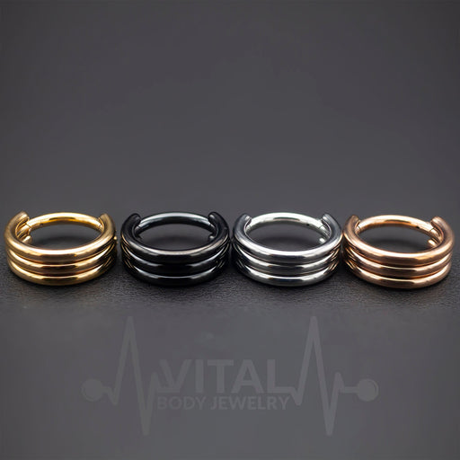 16G Triple Layered Hinge Ring - Segment Hoops - Seamless Clicker for Helix, Ear Lobe, Nostril and Septum - Black, Gold, Rose Gold and Silver