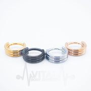 16G PVD coated surgical steel hinge ring with triple layered design for helix, earlobe, nostril, or septum piercings