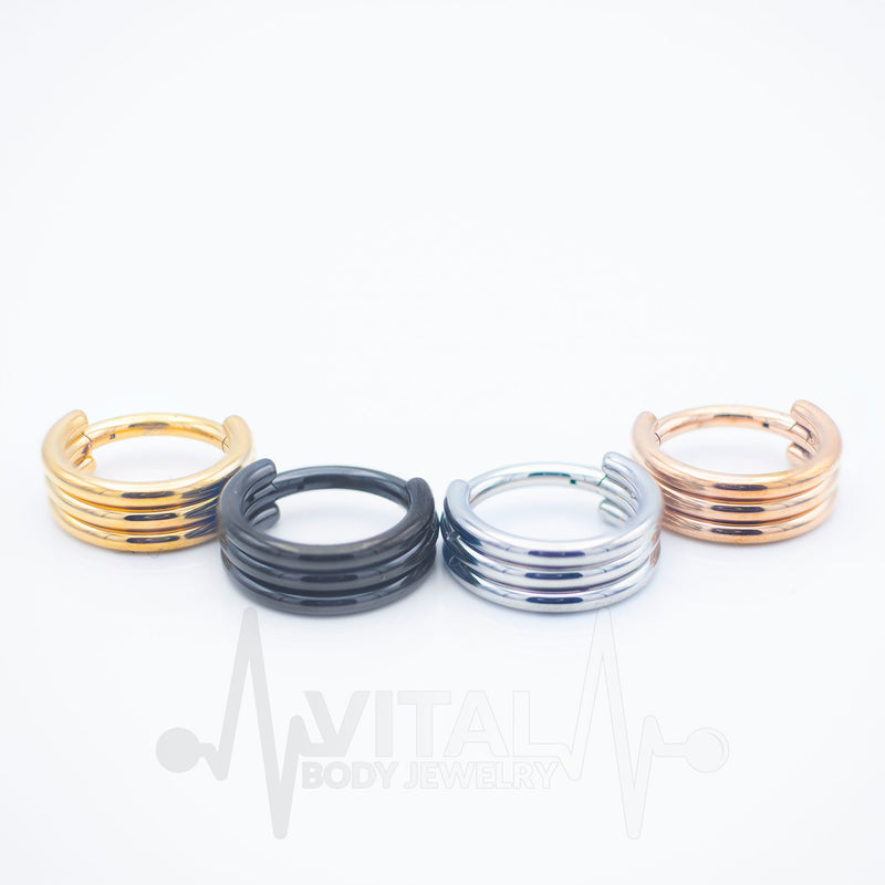 16G PVD coated surgical steel hinge ring with triple layered design for helix, earlobe, nostril, or septum piercings