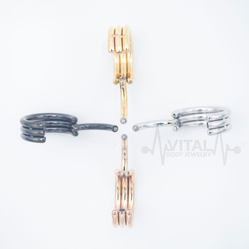 16G surgical steel triple layered hinge ring with seamless design and PVD coating, available in black, gold, rose gold, and silver finishes