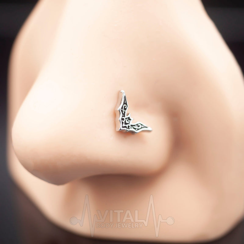 20G surgical steel L-bend nose stud with unique bat design for playful and whimsical style