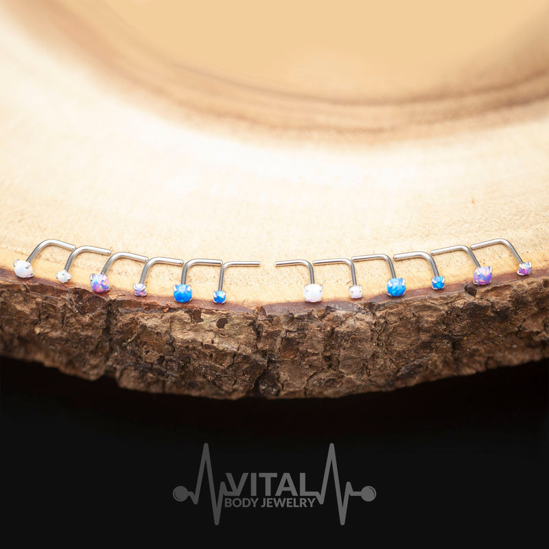 20G and 18G surgical steel L-bend nose ring with 2mm and 3mm opal gems for secure and stylish wear
