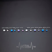 18G and 20G surgical steel L-bend nose ring with 2mm and 3mm opal gems for a secure and stylish fit.