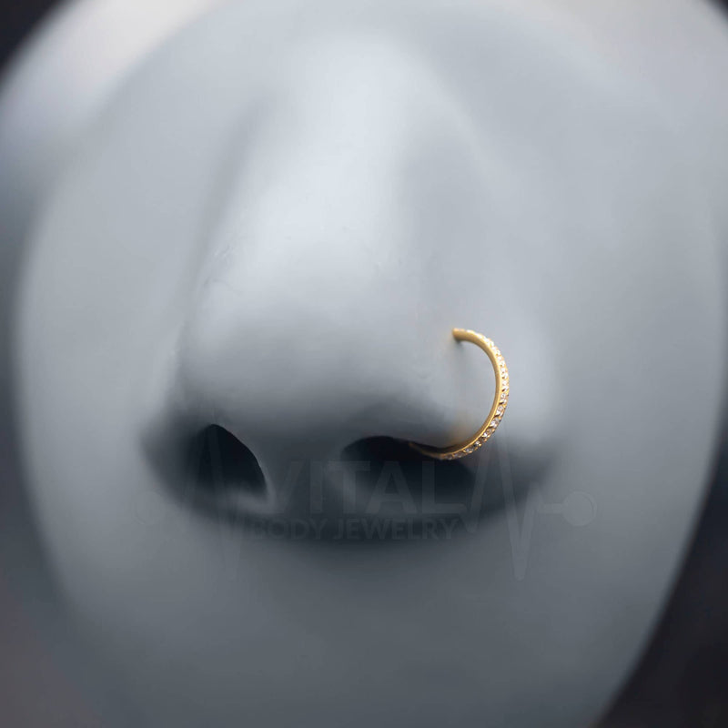 18G Hinged Nose Ring with CZ Paved Stones - Surgical Steel - Seamless Clicker