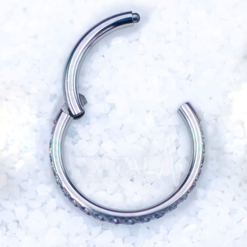 18G surgical steel hinged nose ring with CZ paved stones for a dainty and elegant look, perfect for sensitive skin and easy wear.