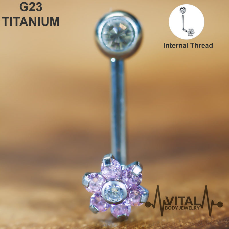 14G G23 Titanium Vertical Hood, VCH Barbell, Flower Jewel, Internally Threaded - Vital Body Jewelry