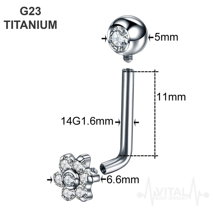 14G G23 Titanium Vertical Hood, VCH Barbell, Flower Jewel, Internally Threaded - Vital Body Jewelry