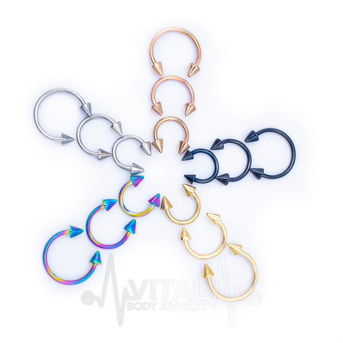 16G Septum Ring, Horseshoe, Curved Barbell, Circular Bent with Spike Ends in Gold, Rainbow, Rose Gold, Black and Silver Colors