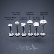 16G surgical steel labret stud with prong set CZ gem, available in multiple lengths and ball sizes for customizable style