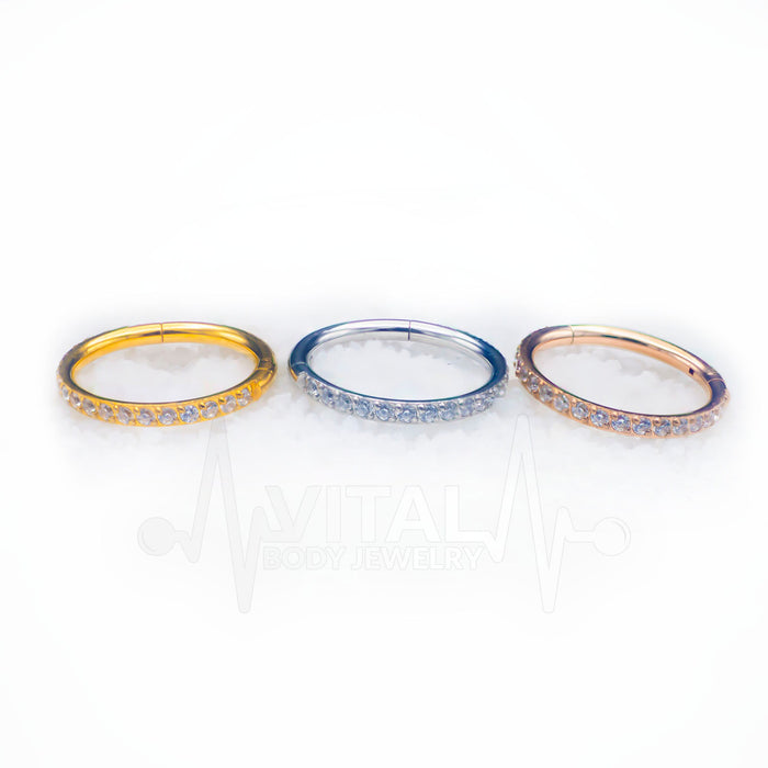 18G Hinged Nose Ring with CZ Paved Stones - Surgical Steel - Seamless Clicker