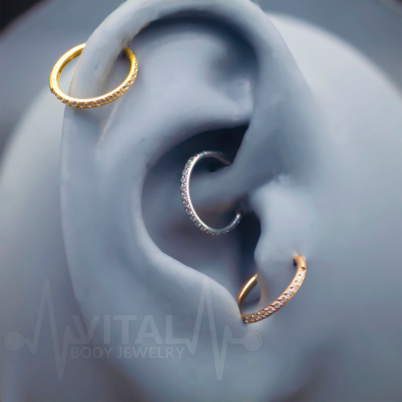 18G Hinged Nose Ring with CZ Paved Stones - Surgical Steel - Seamless Clicker