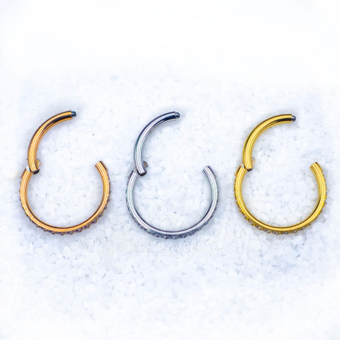 18G Hinged Nose Ring with CZ Paved Stones - Surgical Steel - Seamless Clicker