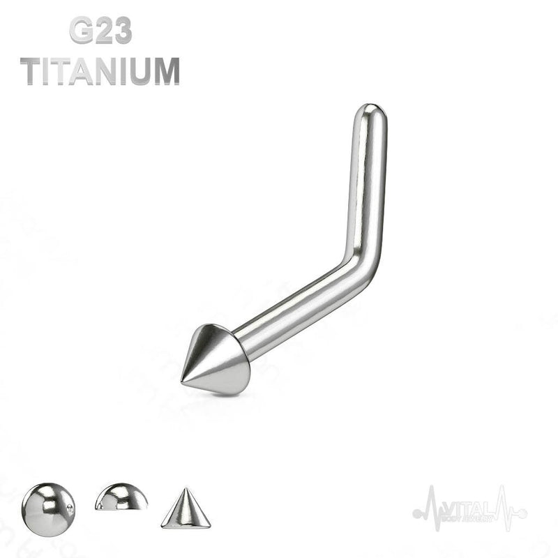 18G/20G titanium L-bend nose stud with ball, dome, or spike ends for secure and comfortable wear