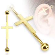 14G PVD coated surgical steel industrial barbell with cross design and 5mm ball ends for body piercings