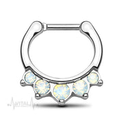16G surgical steel septum clicker with five pink or white opal stones for a chic and secure fit