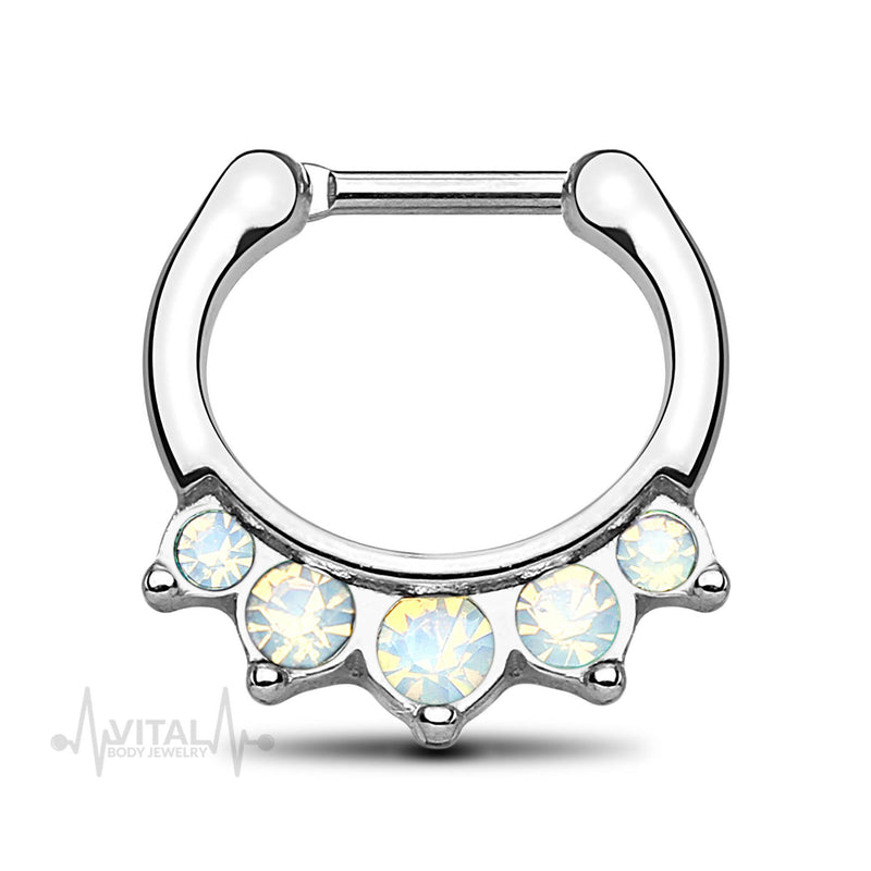 16G surgical steel septum clicker with five pink or white opal stones for a chic and secure fit