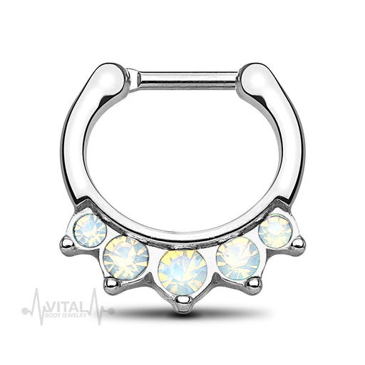 Surgical Steel • Septum Clicker, 16G, Five Prong Set Pink Opal Stones • Vital Body Jewelry