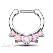 16G surgical steel septum clicker with five pink or white opal stones for a stylish and secure fit