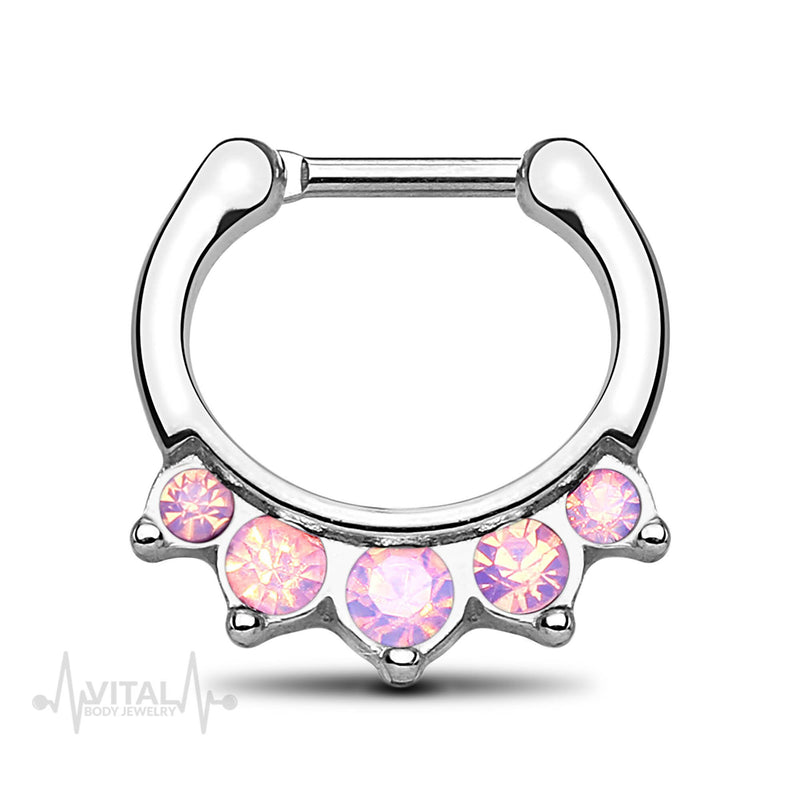 16G surgical steel septum clicker with five pink or white opal stones for a stylish and secure fit