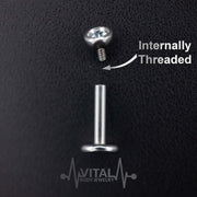 16G surgical steel labret stud with prong set cubic zirconia gem, available in lengths of 1/4" and 5/16