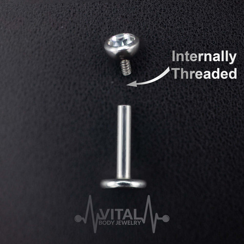 16G surgical steel labret stud with prong set cubic zirconia gem, available in lengths of 1/4" and 5/16