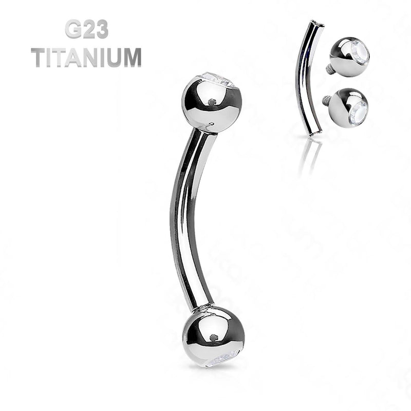 16G titanium curved eyebrow barbell with clear cubic zirconia gem balls for a sparkling and stylish look