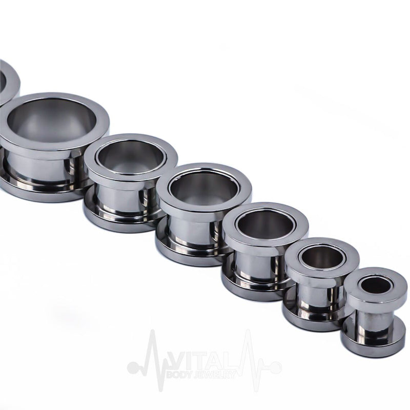 10G stainless steel screw fit flesh tunnels with hypoallergenic properties, designed for comfortable all-day wear, available in 1" size.