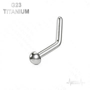 18G and 20G titanium L-bend nose stud with ball, dome, or spike ends, designed for comfort and secure fit.