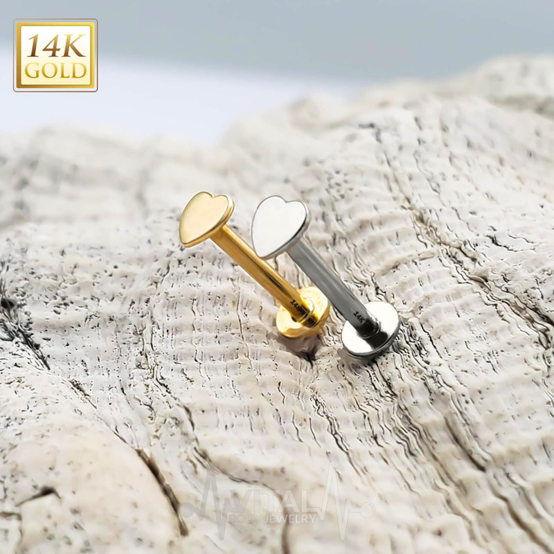 18G 14K gold heart shape labret stud with threadless push pin design, ideal for comfortable lip piercings