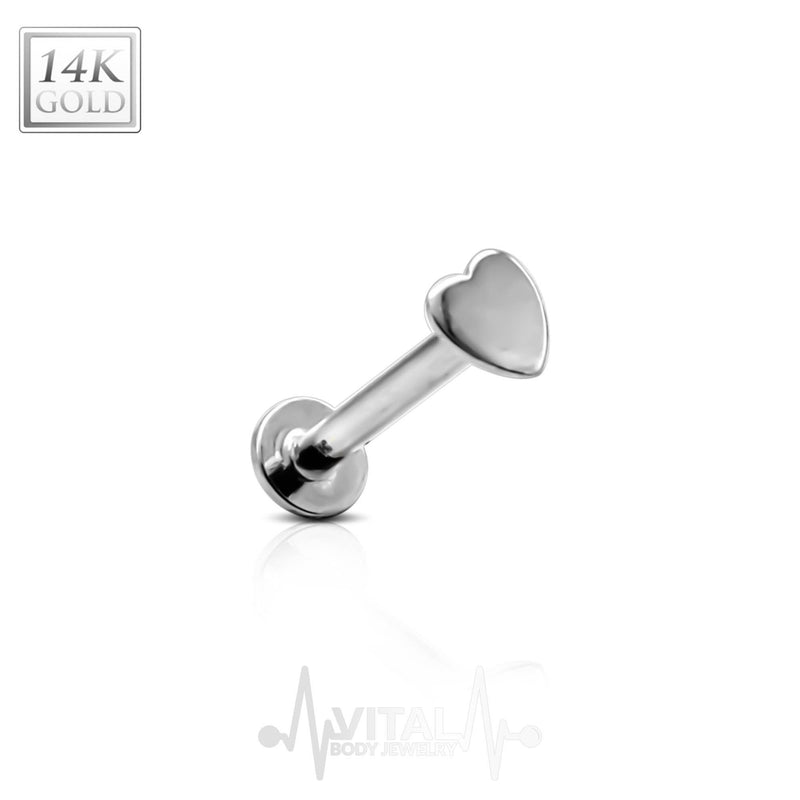 18G/16G 14K gold threadless labret stud in heart shape for elegant lip piercing, designed for comfort and easy insertion