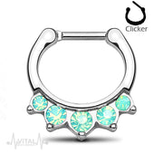 16G surgical steel septum clicker with five pink or white opal stones, secure clicker design for easy wear and comfort.