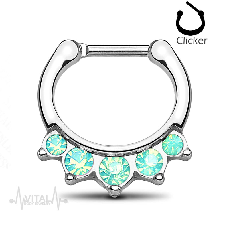 16G surgical steel septum clicker with five pink or white opal stones, secure clicker design for easy wear and comfort.