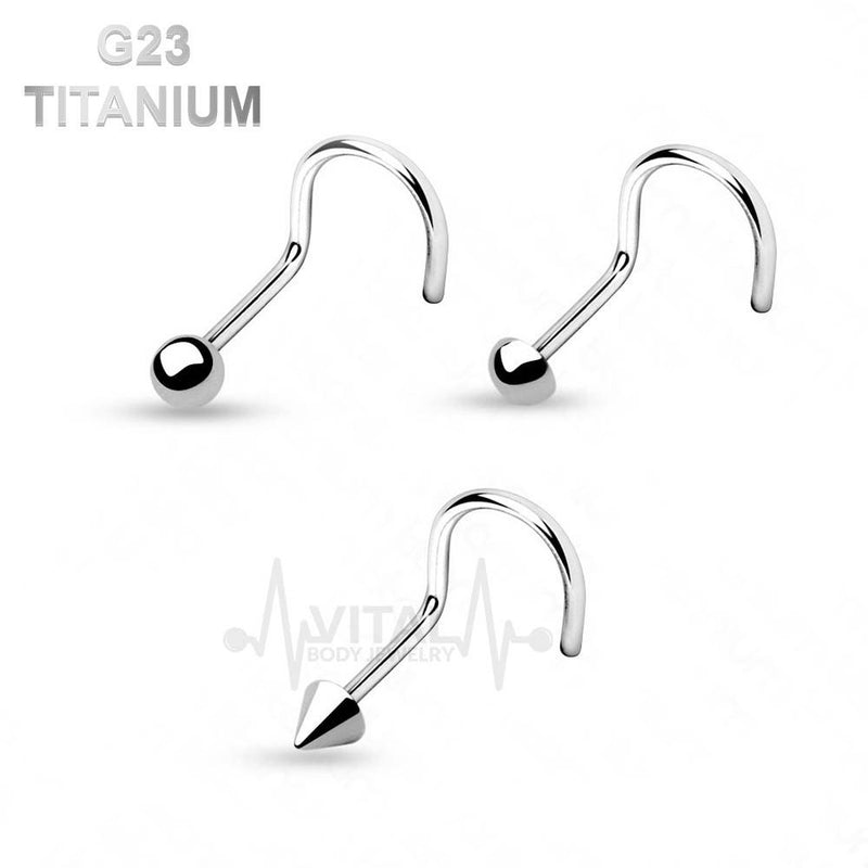 18G titanium corkscrew nose stud with ball, dome, and spike end options for versatile styling