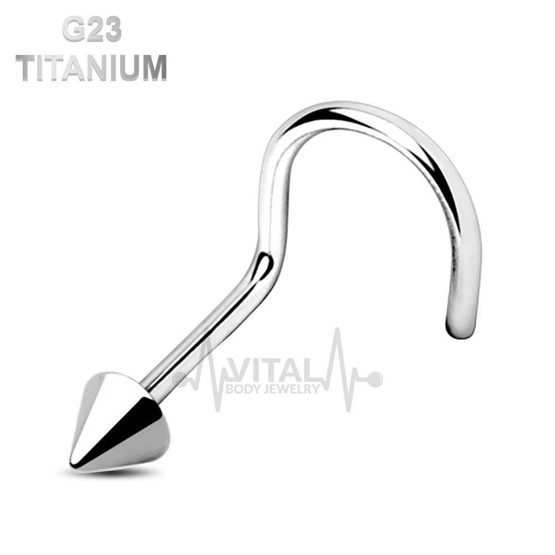 18G titanium corkscrew nose stud with 2mm ball, dome, or spike end options for comfortable, irritation-free wear