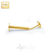 18G and 16G 14K gold labret stud in heart shape with threadless push pin design for comfortable wear