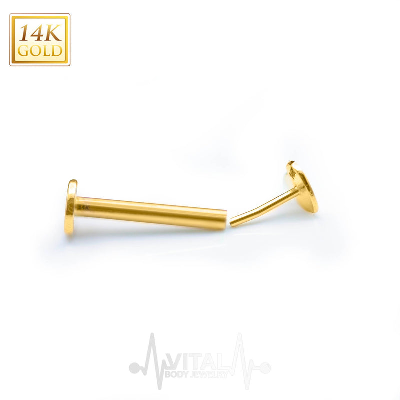 18G and 16G 14K gold labret stud in heart shape with threadless push pin design for comfortable wear