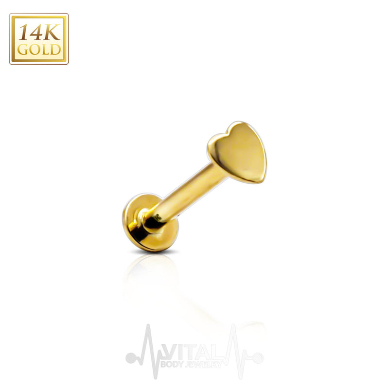 18G and 16G 14k gold threadless labret stud with heart shape design for lip piercing, hypoallergenic and comfortable for everyday wear.