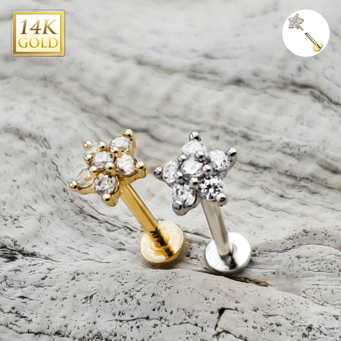 16G 14k gold threadless labret with clear cubic zirconia flower top for cartilage and lip piercings